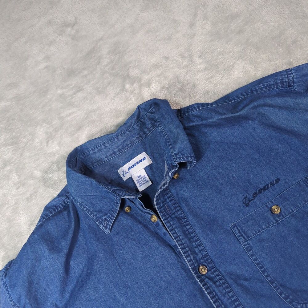 Boeing Mens 2XL Denim Shirt Long Sleeve Button Down Aviation Corporate Blue Jean